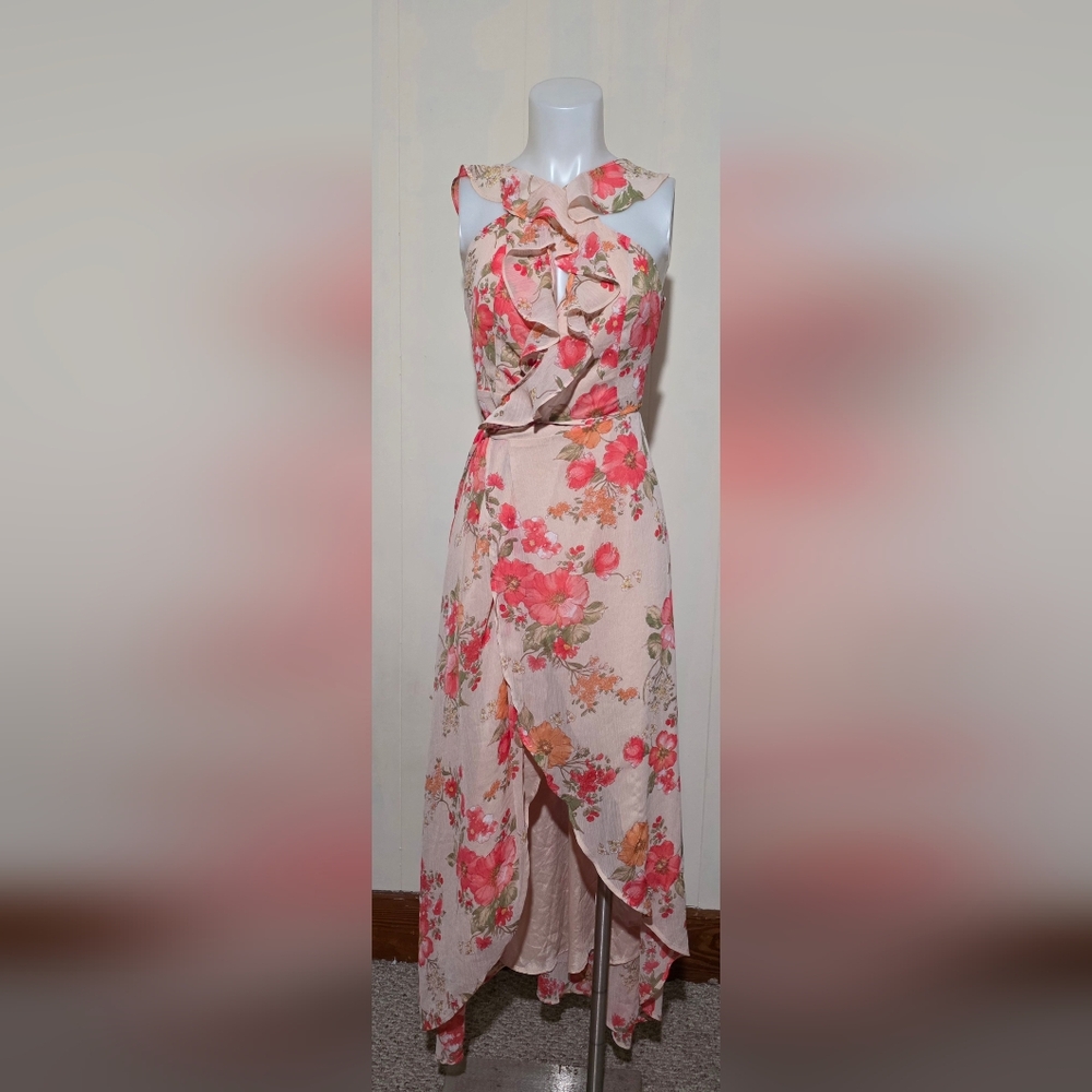 Lumiere Floral High Low Wrap Dress in Pink and Cream